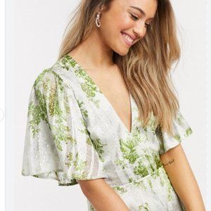 NWT ASOS Soft Floral Godet Mini Dress with Jaquard Foil and Green Floral Print